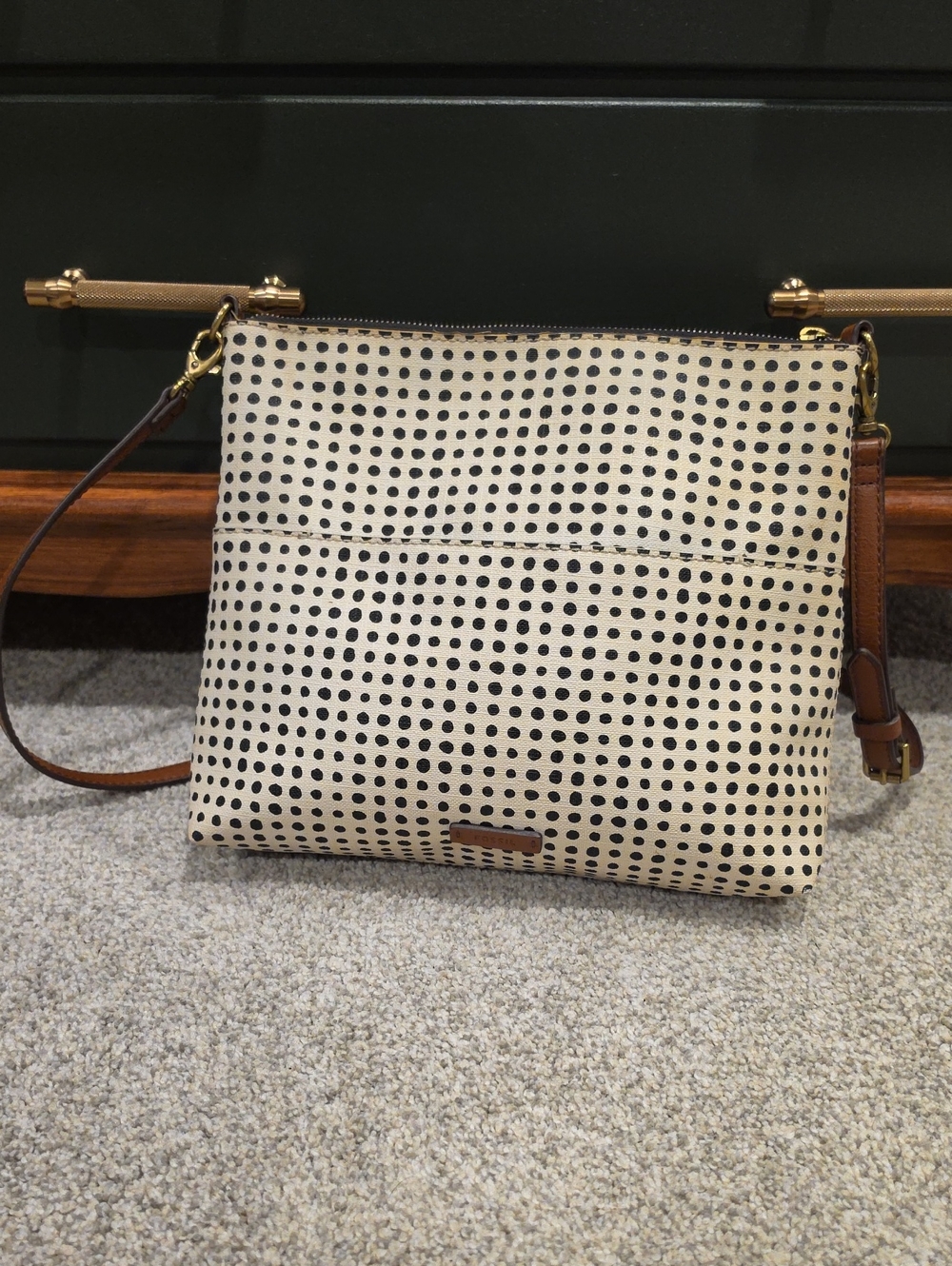 Fossil Beige and Black Polka Dot Crossbody Bag